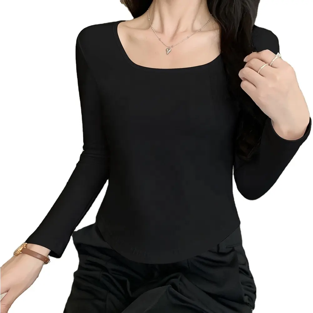 Cotton Square Collar Long-sleeved T-shirt Slimming Shirt Autumn New Inside with Short Base Shirt Women French Sexy Elegant