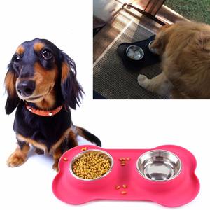 Alas makan hewan peliharaan silikon, mangkuk ganda dengan mangkuk Stainless Steel anti selip tahan air mudah dibersihkan untuk anjing kucing - Product Image 4