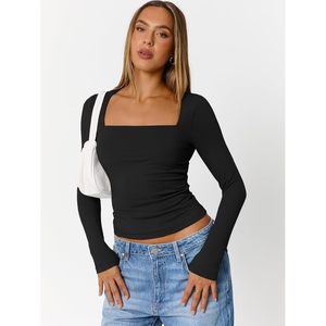 Top Corto de Manga Larga para Mujer, Cuello Cuadrado, Diseño Calado, Tejido de Punto, Spandex y Poliéster, para Hacer Ejercicio o Salir - Product Image 2
