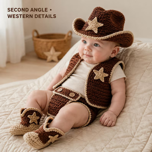 Ensemble de vêtements pour photographie de nouveau-né, tenue de cowboy au crochet pour bébé, costume de style photo unisexe, 4 pièces, motif étoile marron - Product Image 3