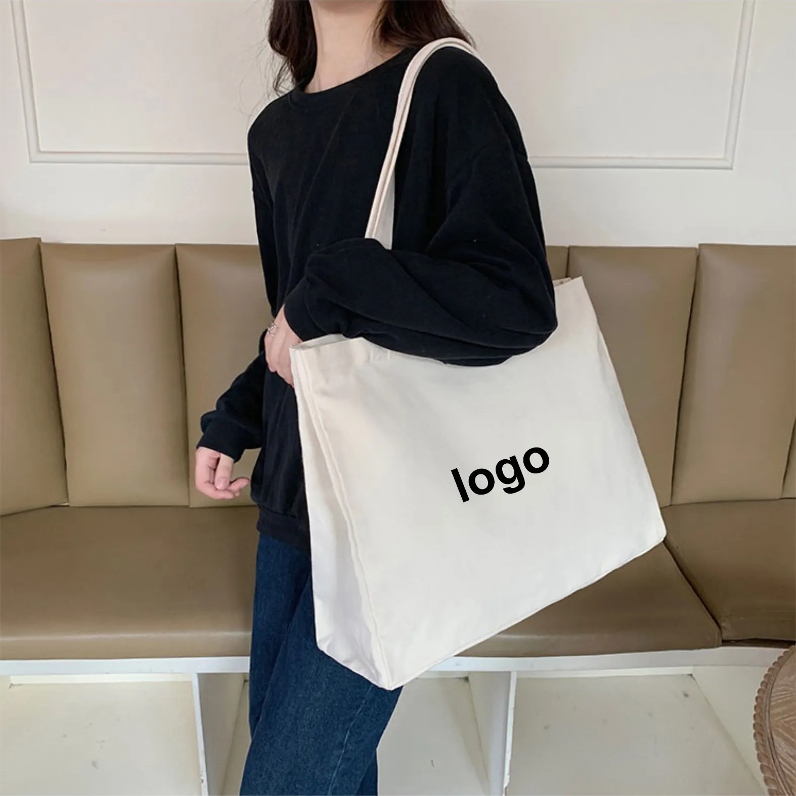 OEM Logo Low MOQ Printed Recycled Reusable Plain Bulk Polyester Cotton Canvas Grocery Shopping Tote Bag