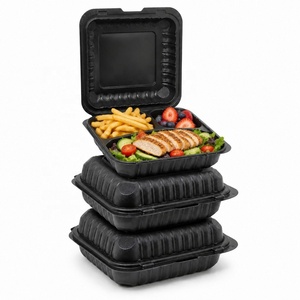 Contenedor Apilable para Comida para Llevar, Apto para Microondas, 3 Compartimentos, 8x8 Pulgadas, MFPP, Negro, con Tapas Abatibles para QSR - Product Image 1