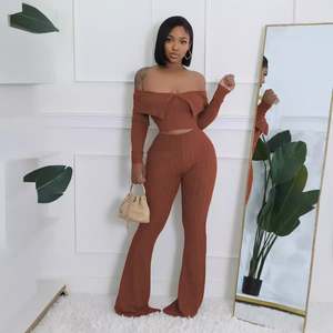 露肩长袖上衣长阔腿裤女式纯色两件套 - Product Image 3