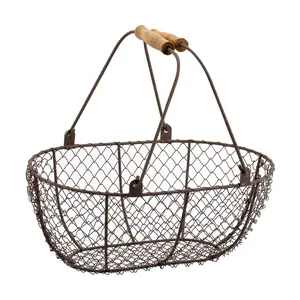 Küchen zubehör Oval Chicken Metal Wire Storage Gemüse brot Eierkorb mit Holzgriffen