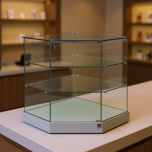 Vitrine d'angle 73x73x90cm gris clair avec porte à charnières verrouillable et étagères pour comptoirs de vente - Product Image 3