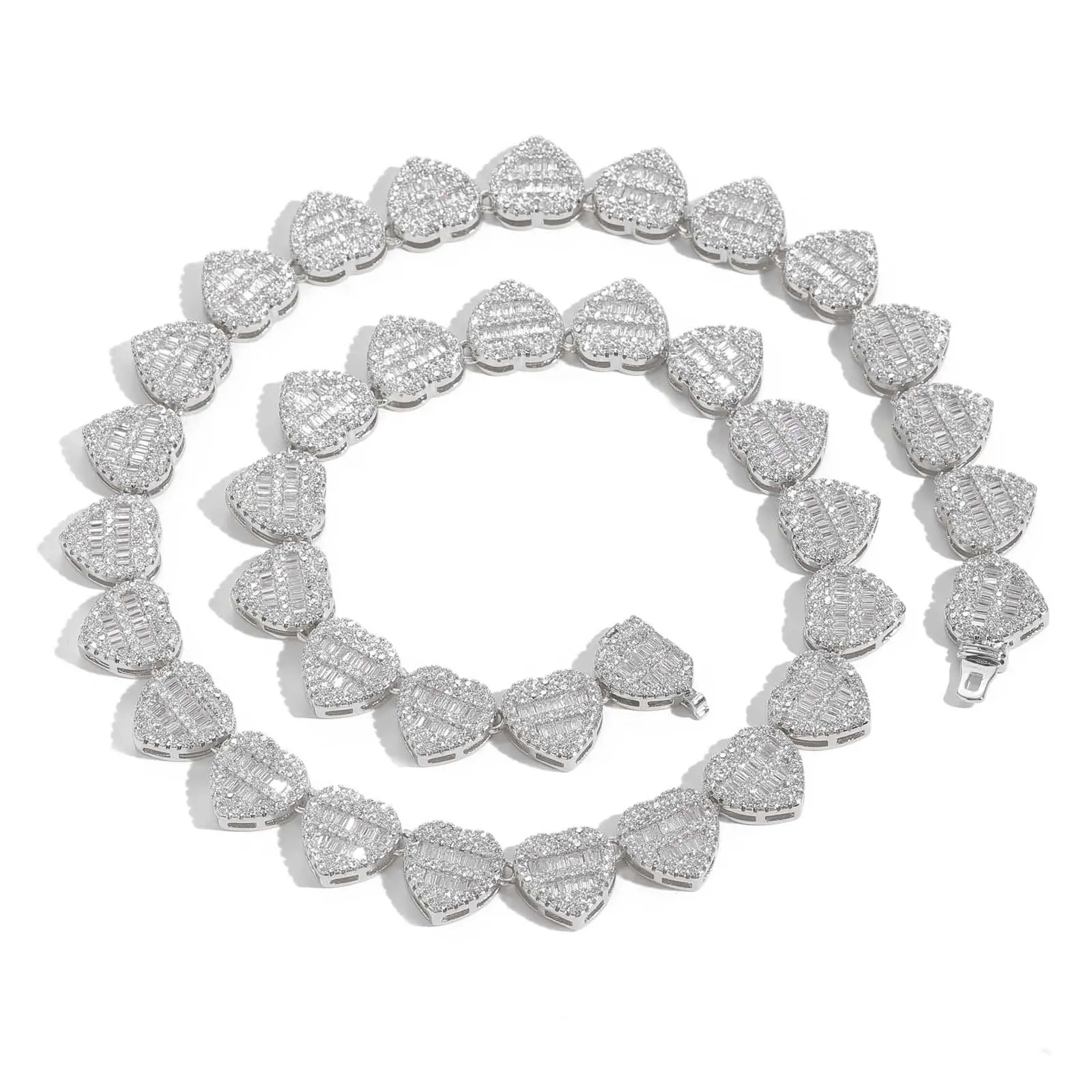 12mm Width Cluster Chain Square CZ Baguette Heart Shape Necklace Bracelet For Women Brass Material Nickel Free Rapper Jewelry
