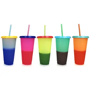 24Oz Plastic Beker Met Rietje Drinken Temperatuur Gradiënt Kleur Veranderende Cup Blanco Reizen Mok Verkleuring