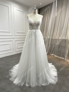 Nuovo arrivo Sexy perline spalline A linea <span class=keywords><strong>abito</strong></span> da sposa <span class=keywords><strong>Tulle</strong></span> lunghi abiti da sposa <span class=keywords><strong>con</strong></span> applicazioni di pizzo per il commercio all'ingrosso - Product Image 5