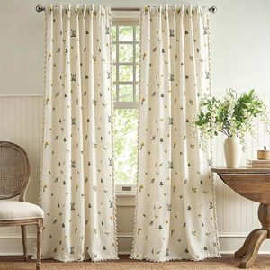 Rèm cửa hoa văn xanh cổ điển cho phòng khách, rèm cửa phong cách nông trại màu kem be pha vải lanh - Product Image 1