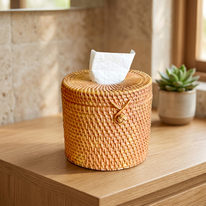 Boîte à mouchoirs en rotin faite à la main, style bohème, conteneur de rangement rond tissé pour la décoration de la maison - Product Image 4