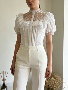 Women's White Lace <b>Sheer</b> Mesh <b>Blouse</b> - Vintage French Floral Embroidery High Neck Ruffled Puff Sleeve Pleated Waist Top - Product Image 3