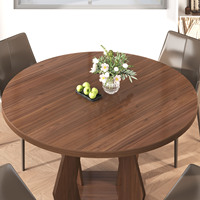 Ensemble de table à manger ronde 4 places, gris clair, grain de bois, panneau épais, quatre connecteurs métalliques, base robuste, moderne et élégant
