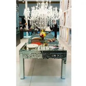 Mesa de jantar feita à mão estilo venética, venda quente moderna, grande, todos os feitos à mão, vidro longo, espelhado, para sala de jantar