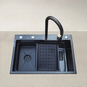 Évier de cuisine multifonctionnel en acier inoxydable 304 noir King Kong avec motif nid d'abeille et bec cascade - Product Image 1