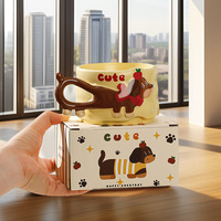 Mug en céramique de porcelaine motif Teckel mignon avec cuillère, coffret cadeau pour couples, idéal pour le bureau et la maison, cadeaux pour femmes