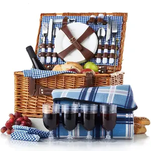 Promotion Rattan Wicker Willow Wholesale Customized Rectangle Blue Picnic Basket Hamper Set 4 With Mat Blanket