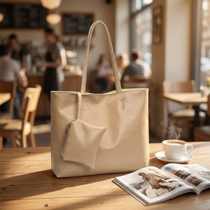 Sac fourre-tout décontracté beige grande capacité en similicuir avec pochette pour le shopping quotidien et les voyages - Product Image 4