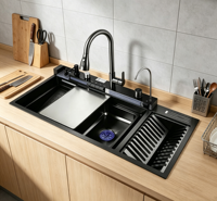 Évier de cuisine multifonctionnel intelligent en acier inoxydable 304, 100x46cm, avec cascade, égouttoir à tasses et support à vaisselle, modèle nid d'abeille populaire de Chine