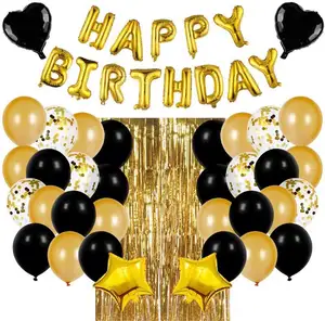 Juego de globos dorados con letras de feliz cumpleaños, lentejuelas negras, suministros para fiesta de graduación, conjunto de decoración para fiesta de cumpleaños, 16"