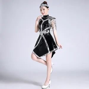 Модная юбка для сцены для взрослых, женские черные джазовые костюмы с блестками и бахромой, современная танцевальная одежда