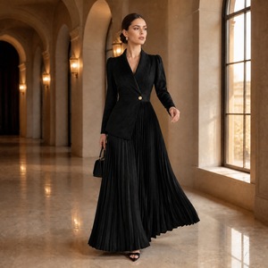 Robe longue plissée en maille à col châ<span class=keywords><strong>le</strong></span> élégante et romantique pour femme, à manches longues, coupe trapèze, unie, idéale pour <span class=keywords><strong>le</strong></span> bureau, les occasions professionnelles, les soirées et les mariages - Product Image 4