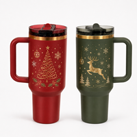 Gobelet isotherme de Noël personnalisé 40oz à double paroi en acier inoxydable 304 avec accent doré et poignée, rouge, avec paille, idéal pour les cadeaux