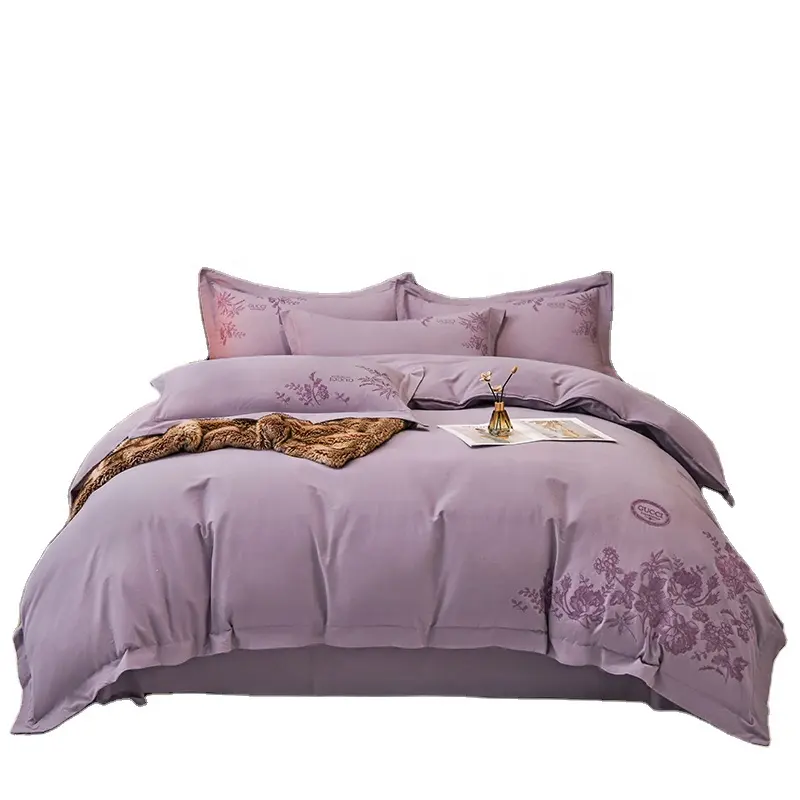 Home Bed Linen Bedsheet Luxury 60S Long-staple Cotton Solid Purple Bedding Set Embroidery Bed Sheet Set Queen King 100 Cotton