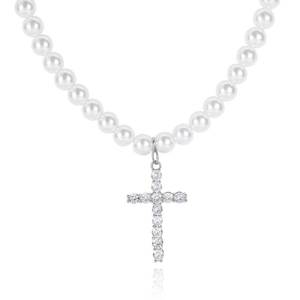 Vente directe d'usine, collier en perles blanches avec pendentif croix en zircon et cuivre, plaqué or 18 carats, collier unisexe - Product Image 6