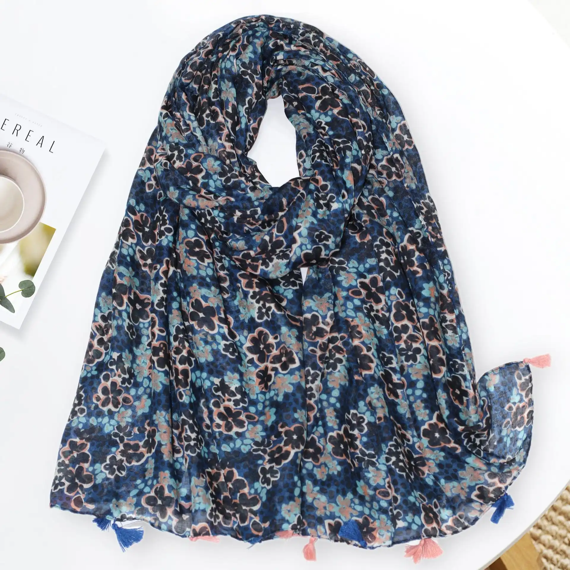 Bufanda de algodón personalizada de fábrica para mujer, pañuelo con estampado Floral, Color negro, estampado de flores, Dubái, pañuelo para la cabeza