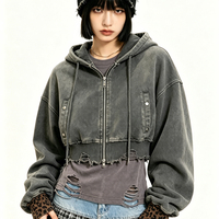 Chaqueta con Capucha Desgastada LTD-H1131 con Doble Cremallera, Lavado Descolorido, Mangas Oversize, Bolsillo con Broche y Dobladillo sin Rematar para Mujer, Estilo Urbano
