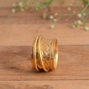 Handmade Brass 14K Gold Plated Modern Flower Textured Meditation Worry Ring with Bezel Setting for Stress Relief Fidget Spinner - Product Image 6
