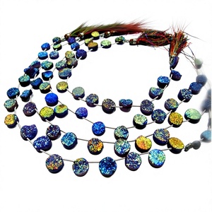 Natural Blue Druzy Agate Titanium Coated Round Shape Briolette Beads Strand <b>10</b> <b>Inches</b> - Product Image 1