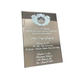 Invitación de boda acrílica personalizada, espejo de oro rosa, invitaciones con impresión blanca