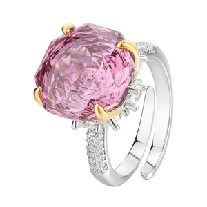 High Quality Jewelry Eco-friendly Copper Gold Plated Claw Set Rose Cut 14*14MM Zircon Pink Stone <b>Adjustable</b> <b>Ring</b> for Feminine - Product Image 1