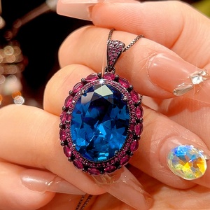 Fashion Jewelry Eco-friendly Copper Black Gold Plated Oval Cut 15*20mm <b>Blue</b> Zircon CZ Diamond <b>Necklace</b> Set for Women - Product Image 4