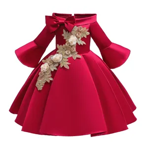 Детская Пижама, состоящая из одного плеча с печатным рисунком и длинным рукавом для appliched из сатина с украшениями в виде цветов, платья детские осенние платья мини для вечеринок платья 6322