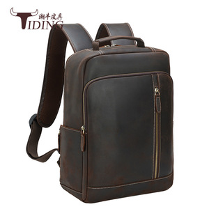 Tiding Crazy Horse Leather <b>Backpack</b> Dark <b>Brown</b> Laptop Compartment Men's Travel <b>Backpack</b> - Product Image 3