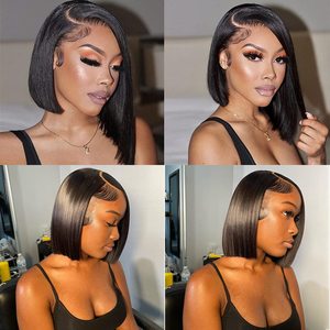 Perruques <span class=keywords><strong>Bob</strong></span> Courtes HD 4x4 en Cheveux Brésiliens Vierges Remy Double Drawn Noir Naturel 12A, Lace Front Transparente, Lisses et Ondulées, Densité 180% - Product Image 4