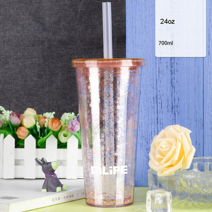 Bicchiere Termico a Doppia Parete Senza BPA con Coperchio e Cannuccia, Ecologico, Bicchiere da Festa in Plastica con Cannuccia e Coperchio, Doppia Parete Glitterata - Product Image 2
