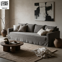 Canapé Chesterfield moderne en forme de L à trois places, housse en lin, coussin rembourré de plumes, pieds en bois pour salon