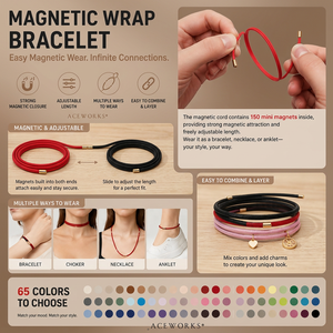 สร้อยข้อมือแม่เหล็กสำหรับผู้หญิง |   สายแม่เหล็กปรับได้ 65 สี ใช้งานได้หลากหลาย พร้อมแม่เหล็กขนาดเล็ก 150 ชิ้น |   สร้อยคอเชือกแฟชั่นสุดฮิต - Product Image 2