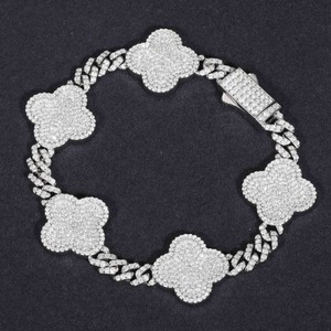 Fashion Jewelry Wholesale Fashion Four Leaf Clover Cuban Link <b>Bracelet</b> 10kt <b>Solid</b> <b>Silver</b> Moissanite Diamonds Fashion <b>Bracelet</b> - Product Image 3