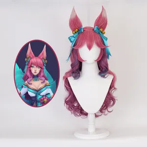 Ainizi Sintetis Wig League Of Legends Ahri Semangat Blossom Kulit Cosplay Wig dengan Telinga dan Lonceng