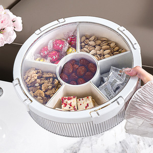 Round Fruit Platter With Lid 6 Compartments Milky White Silver Vertical Stripes Candy Box Snack Storage Home Living Room Decor - Product Image 3