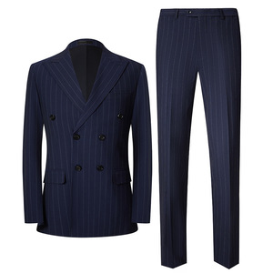 Abito da uomo <span class=keywords><strong>doppiopetto</strong></span> a righe blu scuro, di alta qualità, morbido e fluido, per occasioni formali. - Product Image 1