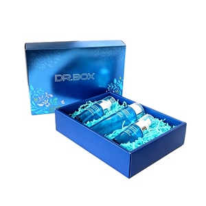 Boîte cadeau pour soins de la peau avec logo personnalisé, couvercle et base bleus, emballage <span class=keywords><strong>en</strong></span> carton rigide avec rembourrage <span class=keywords><strong>en</strong></span> papier déchiqueté - Product Image 4