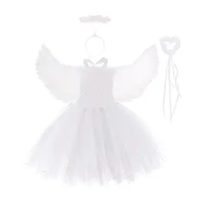 Дешевые детские сценические костюмы, маленькая девочка, белое пушистое кружевное Тюлевое платье с крыльями ангела