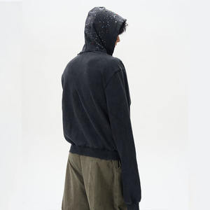 Streetwear High Quality Distressed <b>Black</b> Heavyweight 500 Gsm French Terry Custom <b>Zip</b> <b>up</b> <b>Hoodie</b> Pearls Rhinestones 3D Breathable - Product Image 4