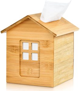 House Shaped Bamboo Tissue Box Cover Square Bamboo Farmhouse Tissue Box Holder for Bathroom/Bedroom/Dinner Table/Office