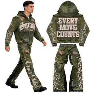 Custom Heavyweight Oversized Acid Wash Screen Printing Sleeve Embroidery Rhinestone Distressed Sweatpants and Hoodie Set - Product Image 2